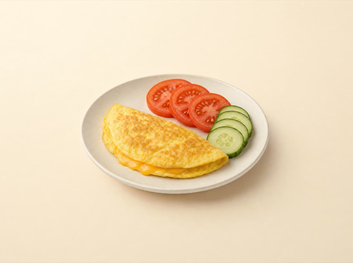 The plate: cheese omelet with tomato and cucumber.
