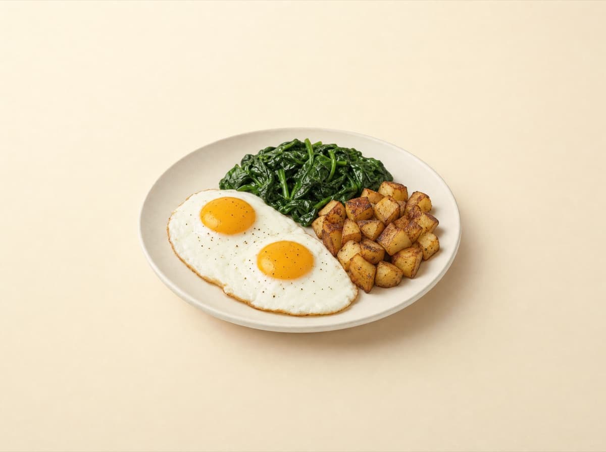 The plate: fried eggs with spinach and potatoes.