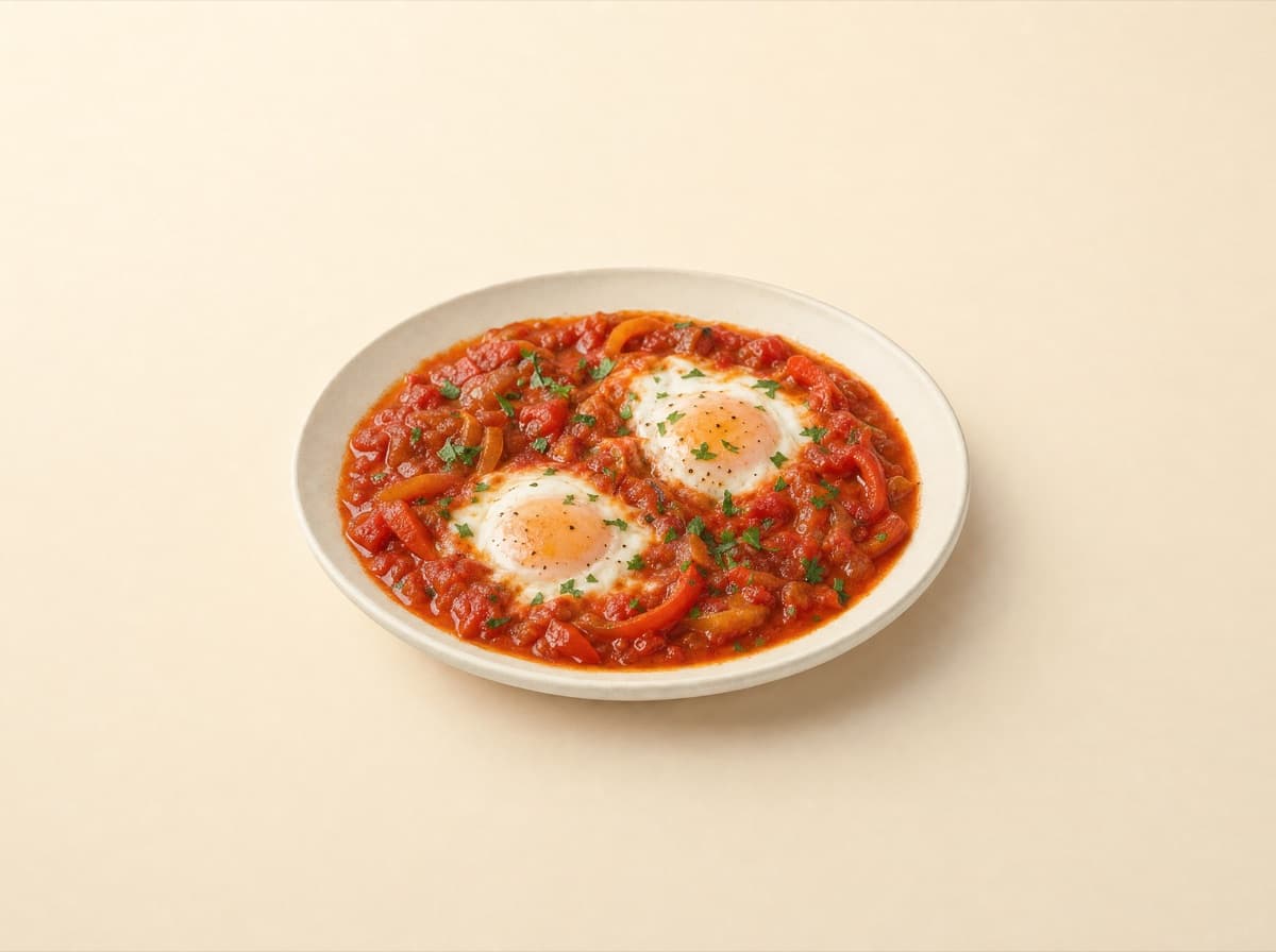 The plate: shakshuka with eggs, tomato and pepper.