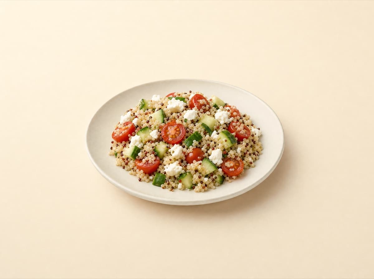 The plate: quinoa salad with feta and cucumber.