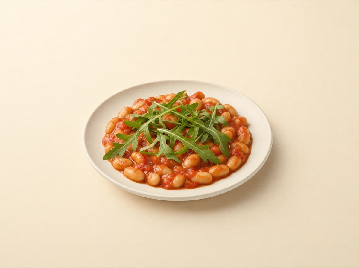 The plate: pan-fried white beans with tomato and arugula.