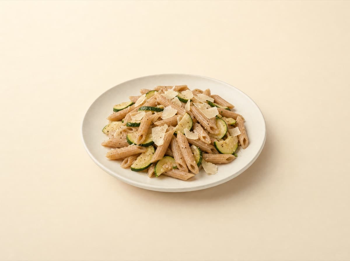 The plate: whole wheat pasta with zucchini and parmesan.