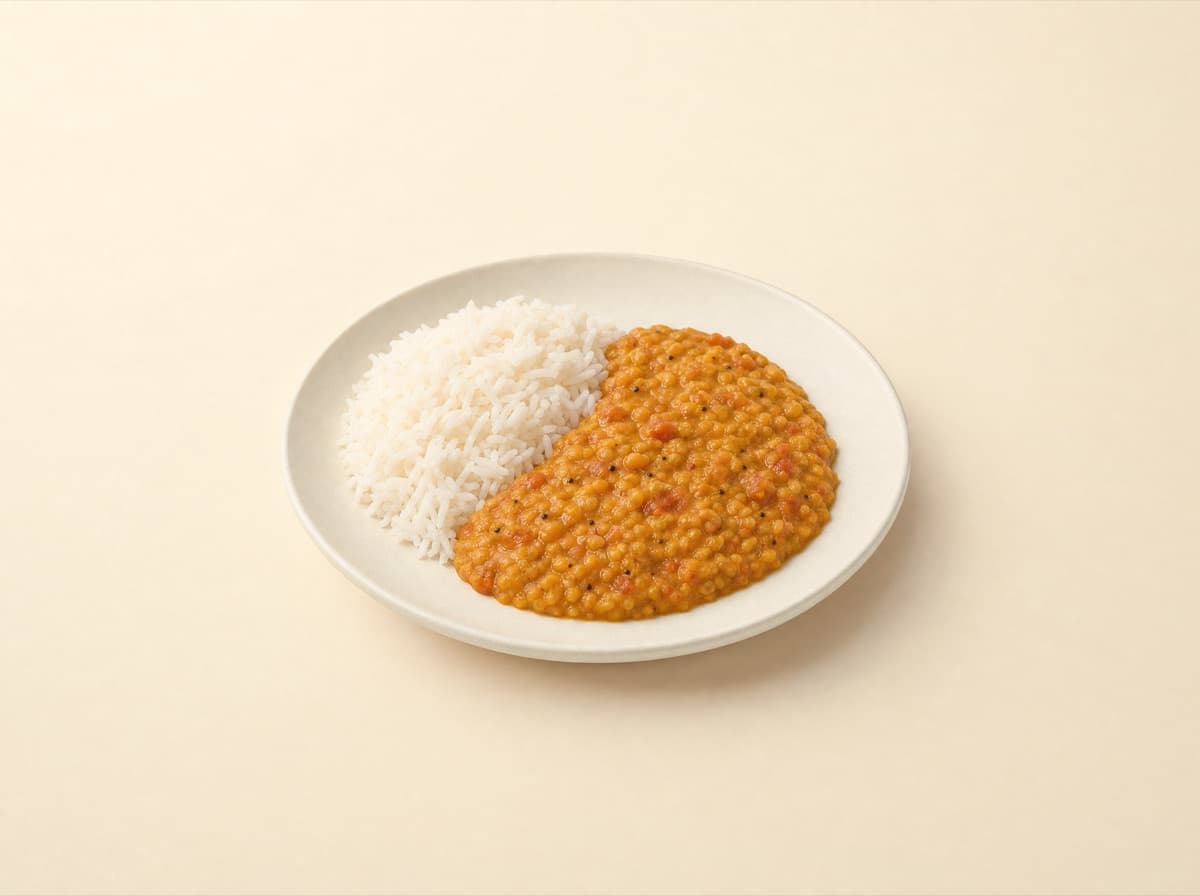 The plate: red lentil dahl with basmati rice.