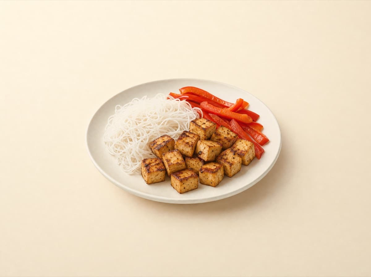 The plate: grilled tofu with peppers and rice vermicelli.