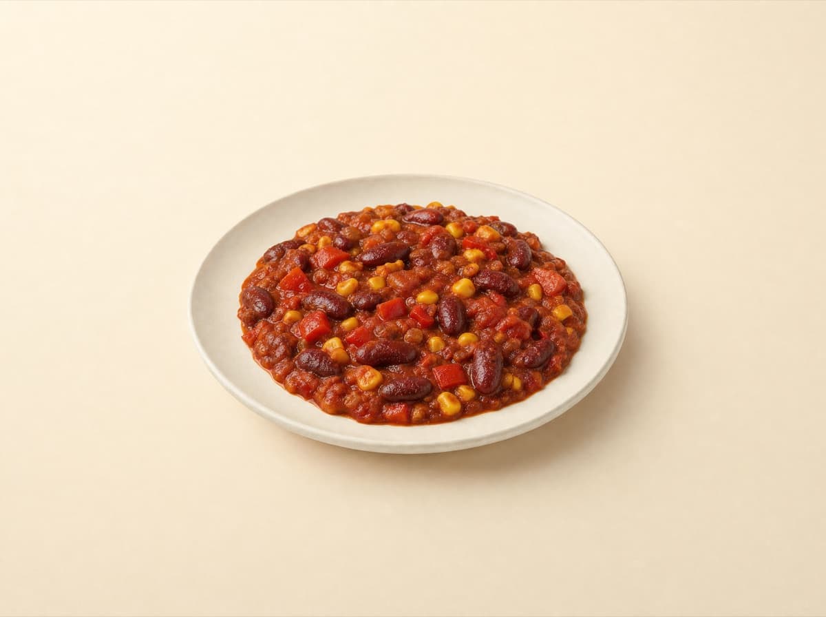The plate: chili sin carne with kidney beans and sweet corn.