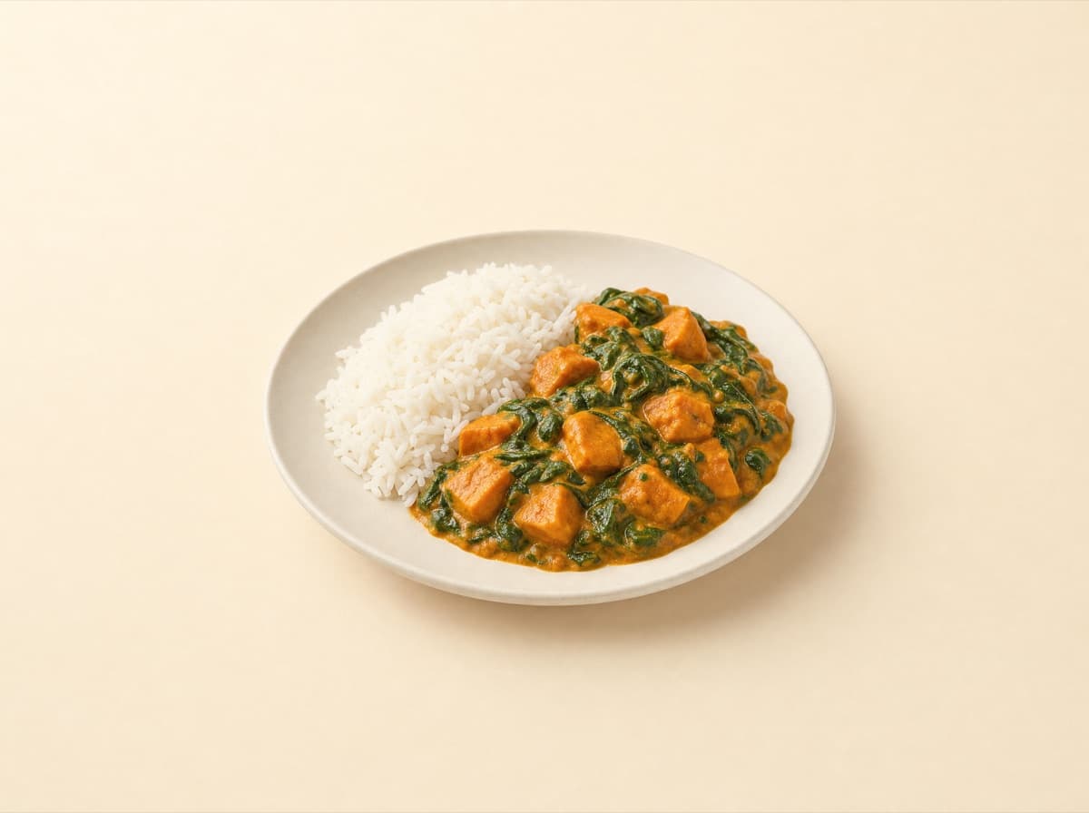 The plate: sweet potato and spinach curry with rice.