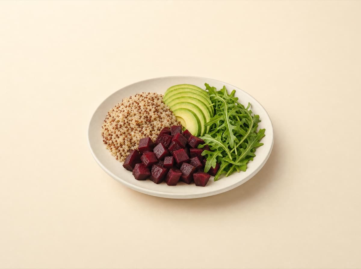 The plate: quinoa bowl with avocado and beet.